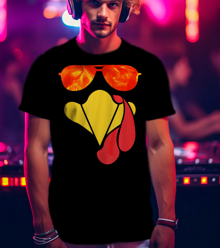 Turkey Face Thanksgiving Sunglasses Fire Flame T-Shirt