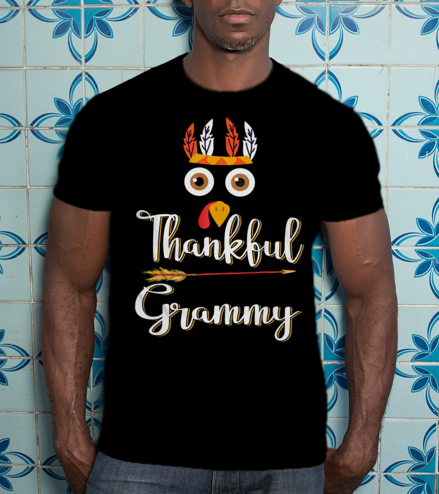 Thankful Grammy Turkey Face With Feather Headband And Arrow T-Shirt