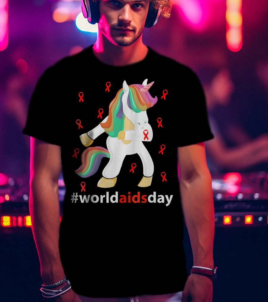 WorldAIDSDay Unicorn With Red Ribbons December 1st T-Shirt