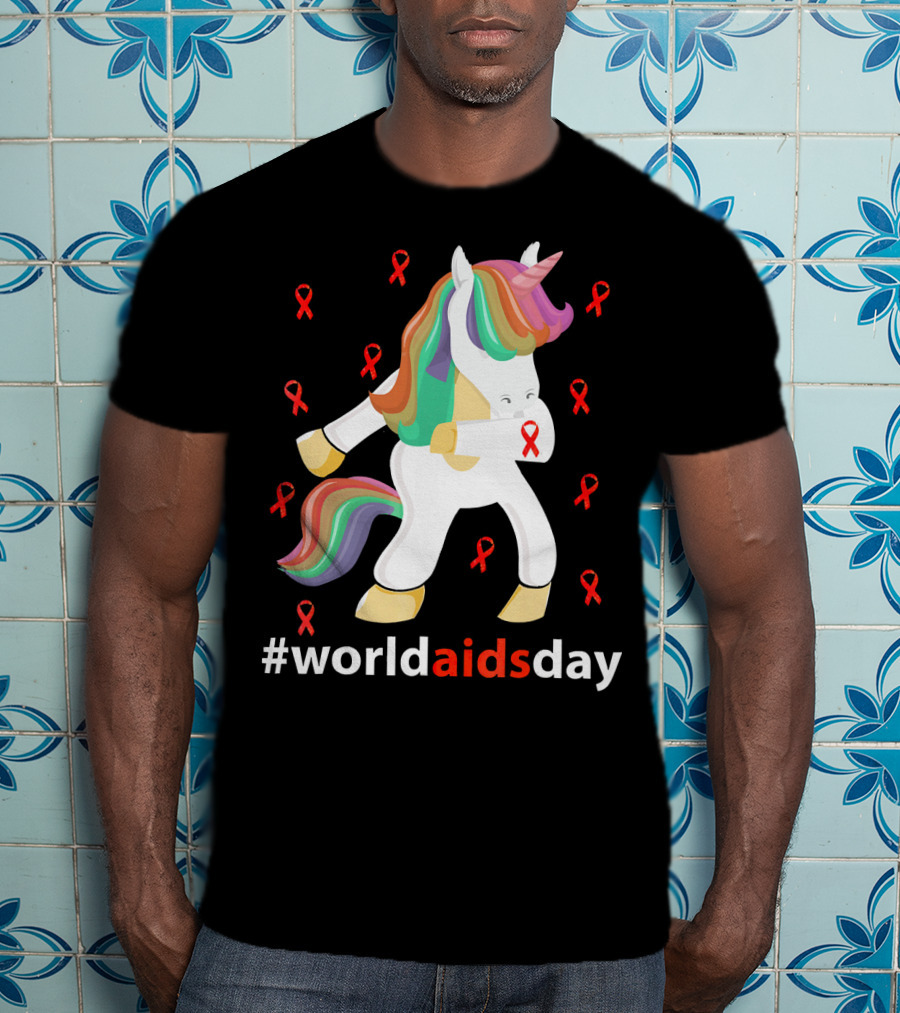 WorldAIDSDay Unicorn With Red Ribbons December 1st T-Shirt