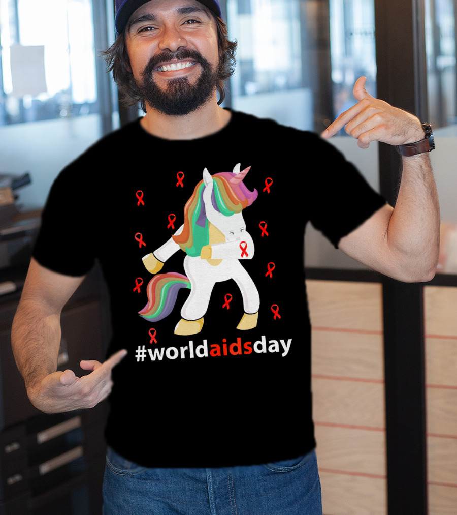 WorldAIDSDay Unicorn With Red Ribbons December 1st T-Shirt