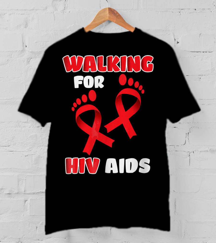 Walking For Hiv Aids Awareness With Red Ribbon Footprint T-Shirt