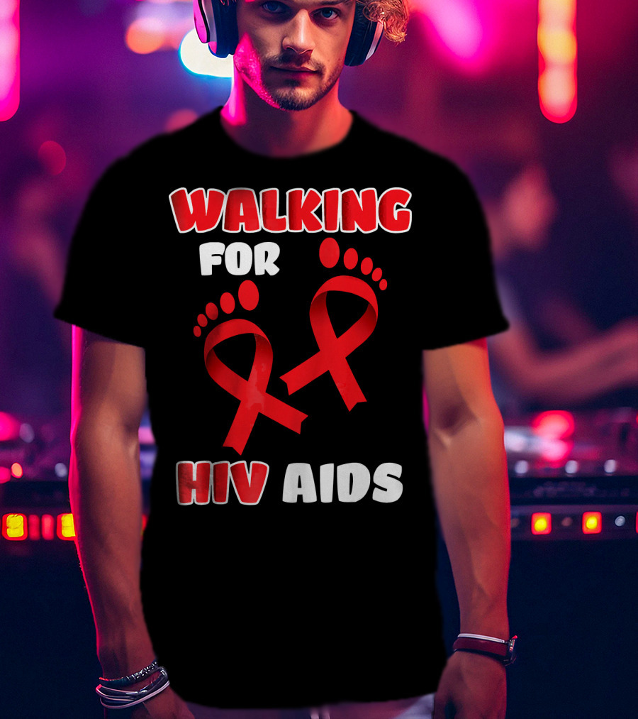 Walking For Hiv Aids Awareness With Red Ribbon Footprint T-Shirt