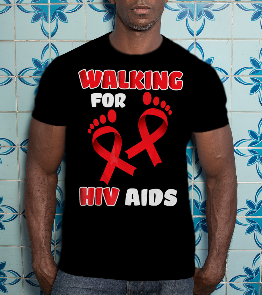 Walking For Hiv Aids Awareness With Red Ribbon Footprint T-Shirt