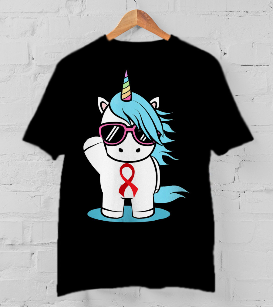 Unicorn With Sunglasses Red Ribbon Aids Awareness HIV Stigma Support T-Shirt