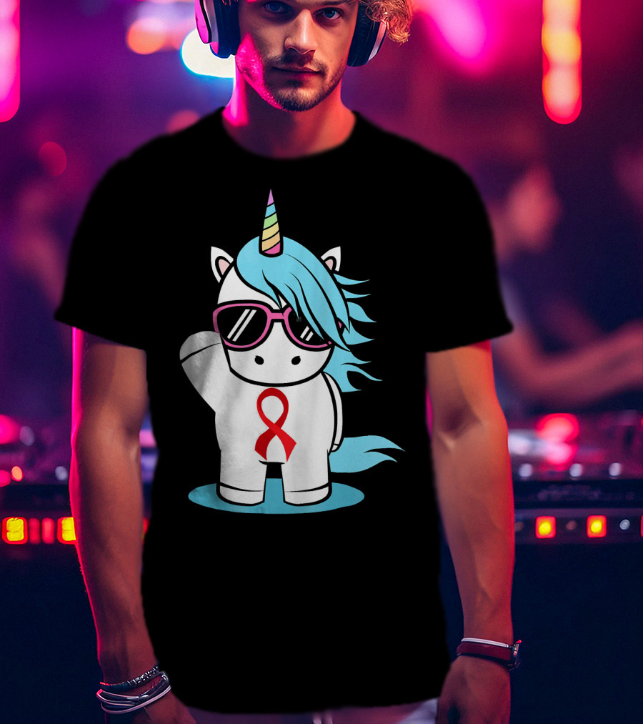 Unicorn With Sunglasses Red Ribbon Aids Awareness HIV Stigma Support T-Shirt