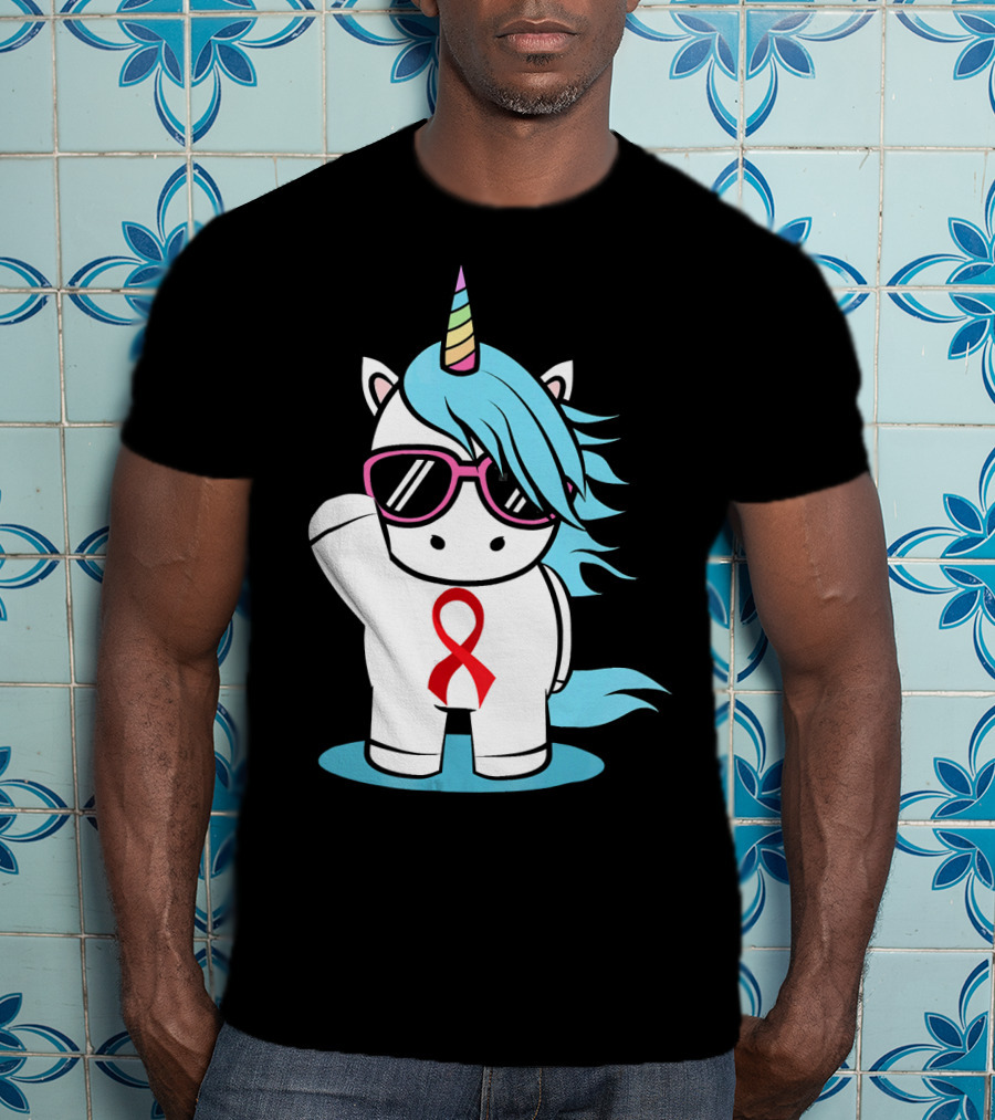 Unicorn With Sunglasses Red Ribbon Aids Awareness HIV Stigma Support T-Shirt