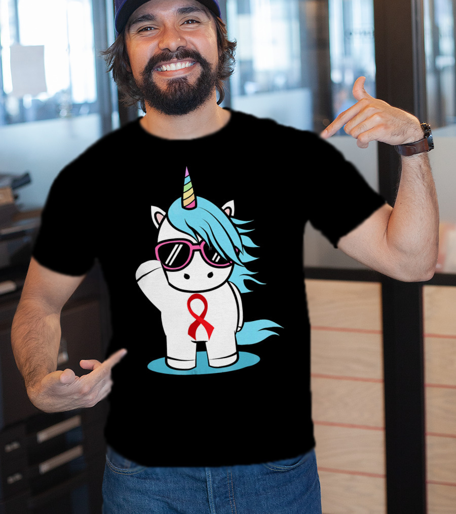 Unicorn With Sunglasses Red Ribbon Aids Awareness HIV Stigma Support T-Shirt