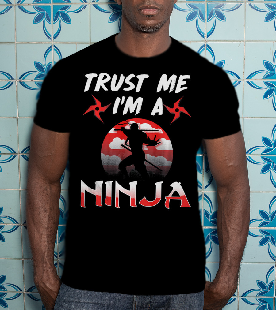 Trust Me I'm A Ninja Shuriken Shadow Silhouette With Red Circle Background T-Shirt