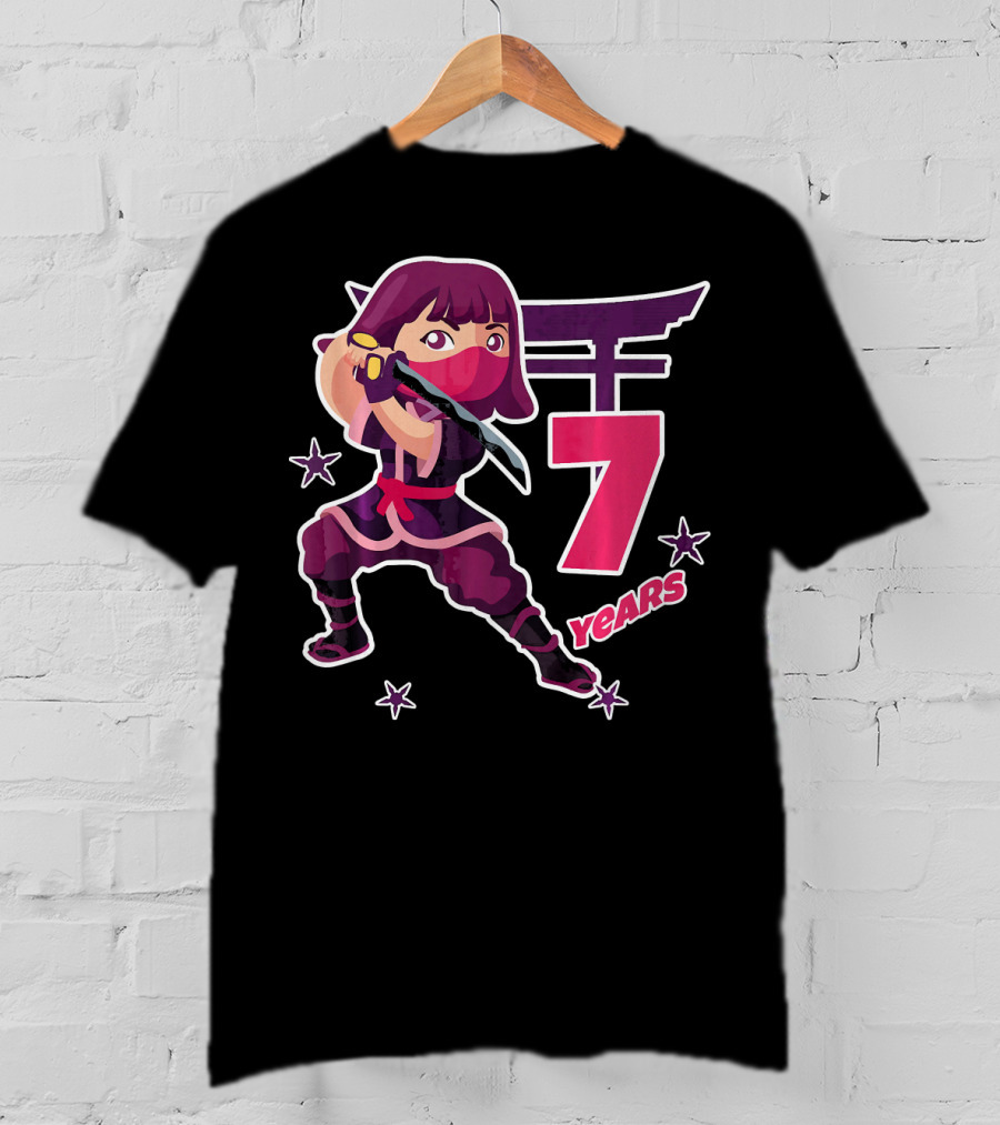 Ninja Girl 7 Years Birthday Celebration With Sword And Stars T-Shirt