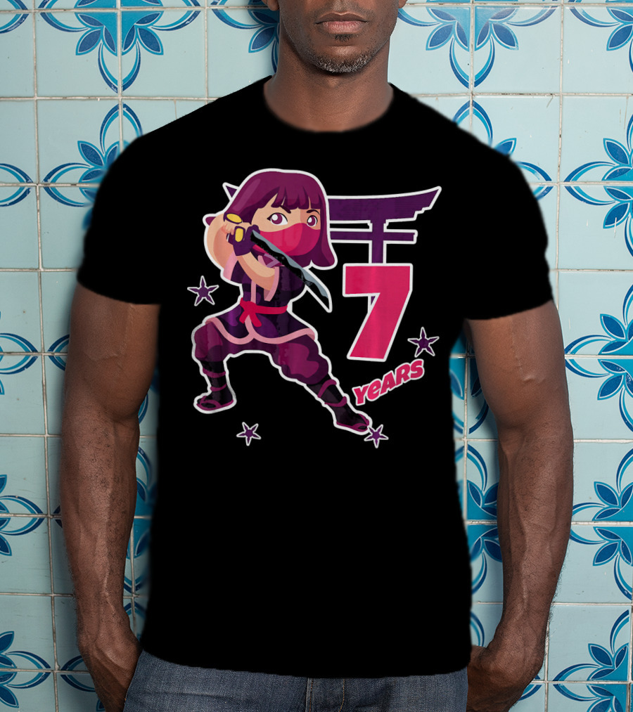 Ninja Girl 7 Years Birthday Celebration With Sword And Stars T-Shirt