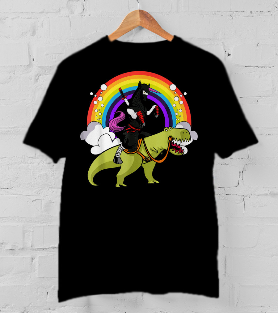 Ninja Unicorn Samurai Riding Rex Dinos Under Rainbow T-Shirt