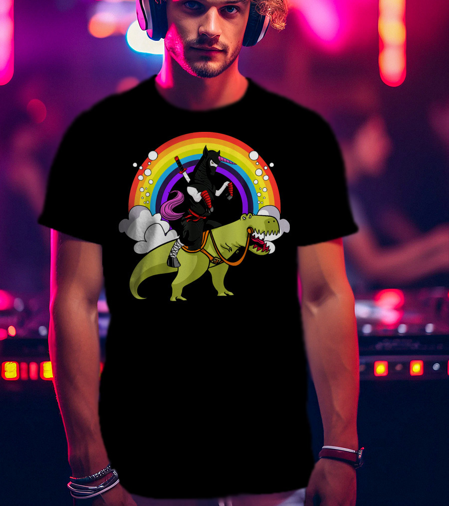 Ninja Unicorn Samurai Riding Rex Dinos Under Rainbow T-Shirt