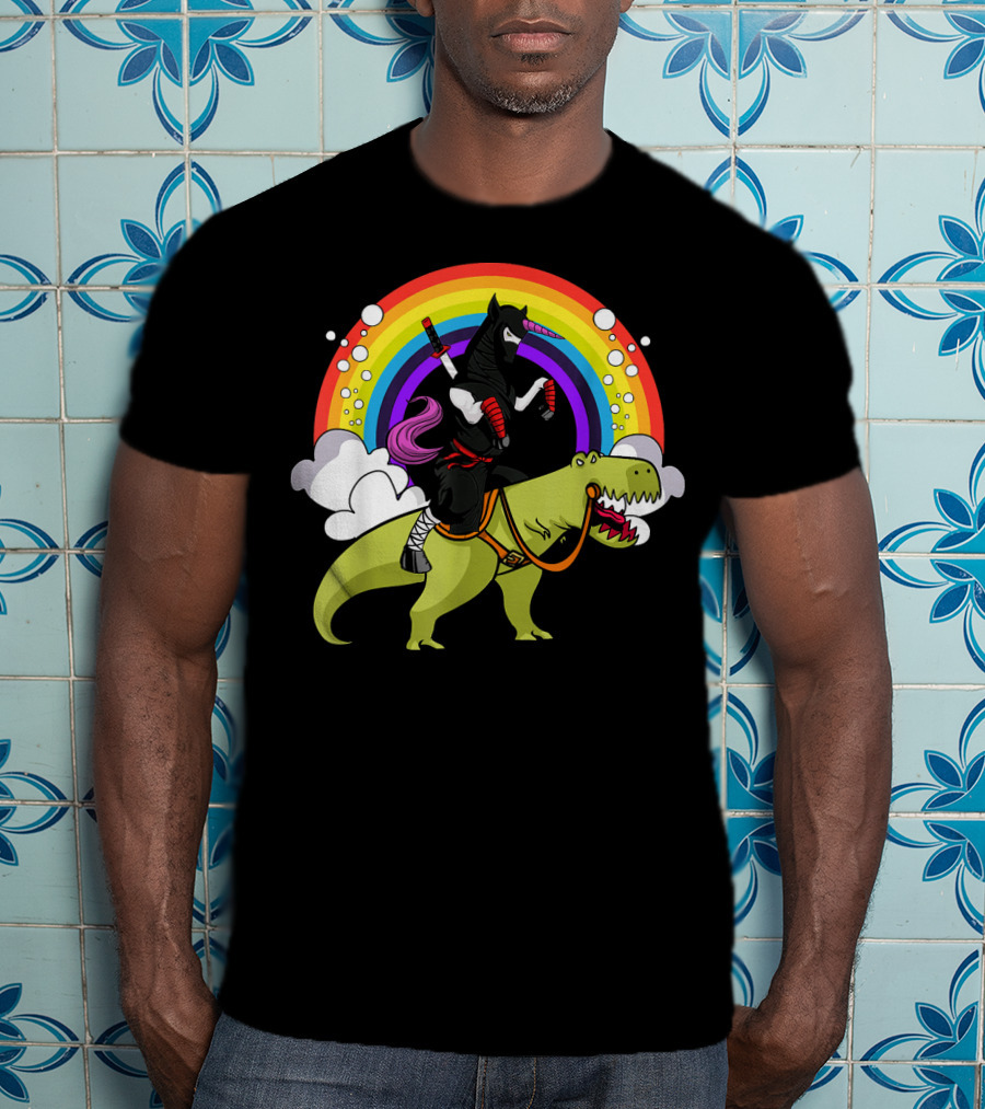 Ninja Unicorn Samurai Riding Rex Dinos Under Rainbow T-Shirt