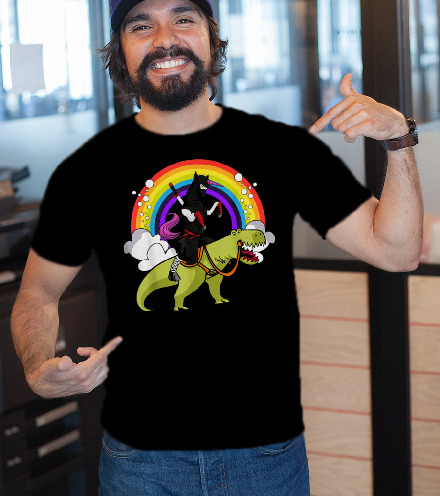 Ninja Unicorn Samurai Riding Rex Dinos Under Rainbow T-Shirt