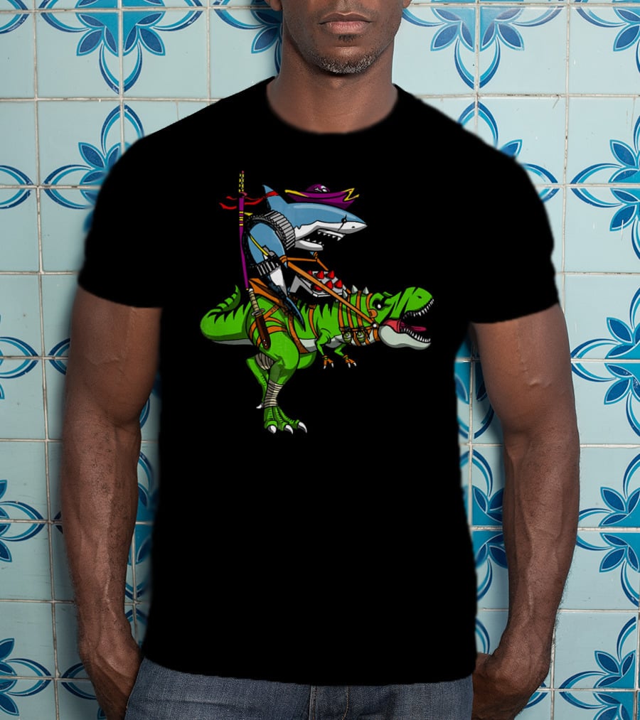 Shark Ninja Samurai On T-Rex Dinosaur Adventure T-Shirt