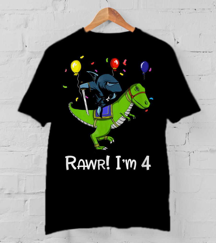 Shark Ninja Riding Dinosaur Rawr I'm 4 Birthday Celebration Balloons T-Shirt