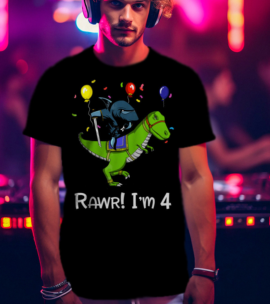 Shark Ninja Riding Dinosaur Rawr I'm 4 Birthday Celebration Balloons T-Shirt