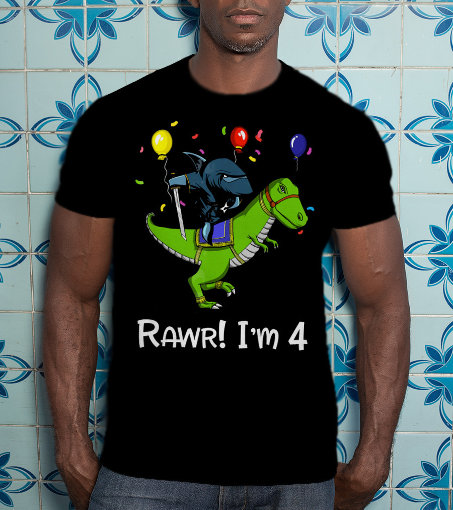 Shark Ninja Riding Dinosaur Rawr I'm 4 Birthday Celebration Balloons T-Shirt