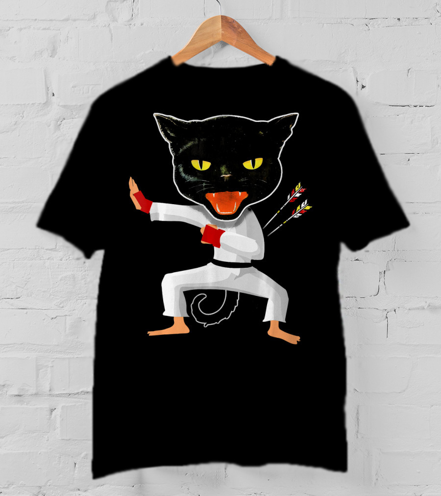 Ninja Cat Karate Master With Yellow Eyes And Arrow Struck Cloak T-Shirt