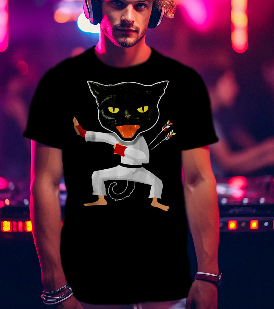 Ninja Cat Karate Master With Yellow Eyes And Arrow Struck Cloak T-Shirt