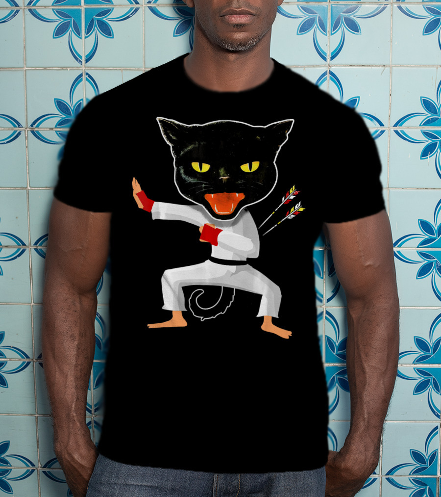 Ninja Cat Karate Master With Yellow Eyes And Arrow Struck Cloak T-Shirt