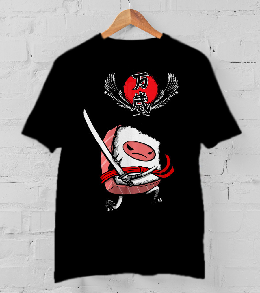 Japanese Ninja Sushi Samurai With Sword And Red Sun Kanji T-Shirt