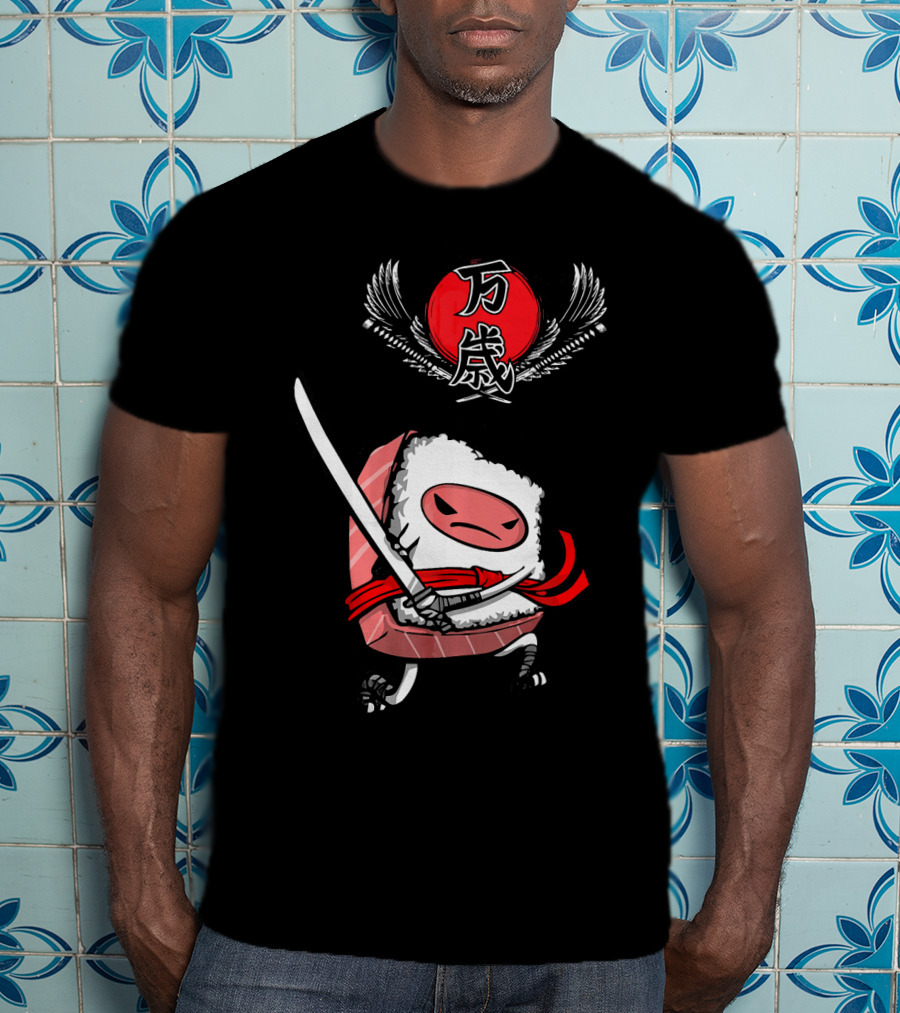 Japanese Ninja Sushi Samurai With Sword And Red Sun Kanji T-Shirt