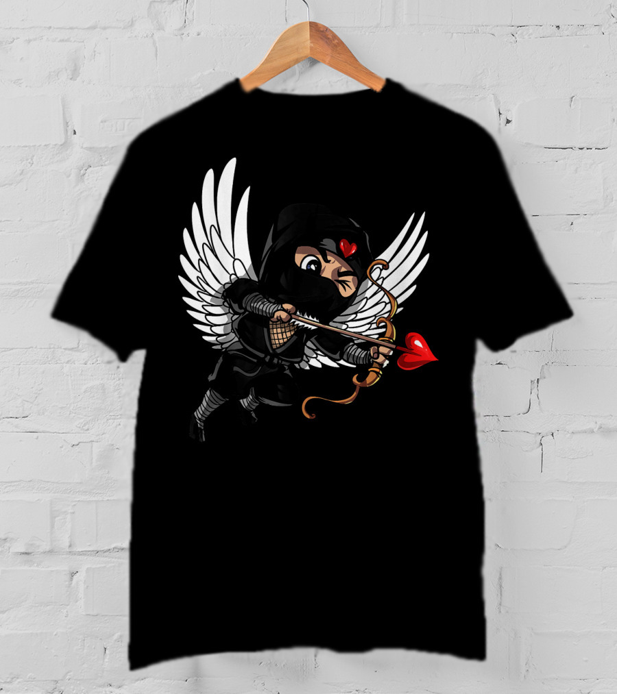 Ninja Cupid Valentine With Bow And Heart Arrow Angel Wings T-Shirt