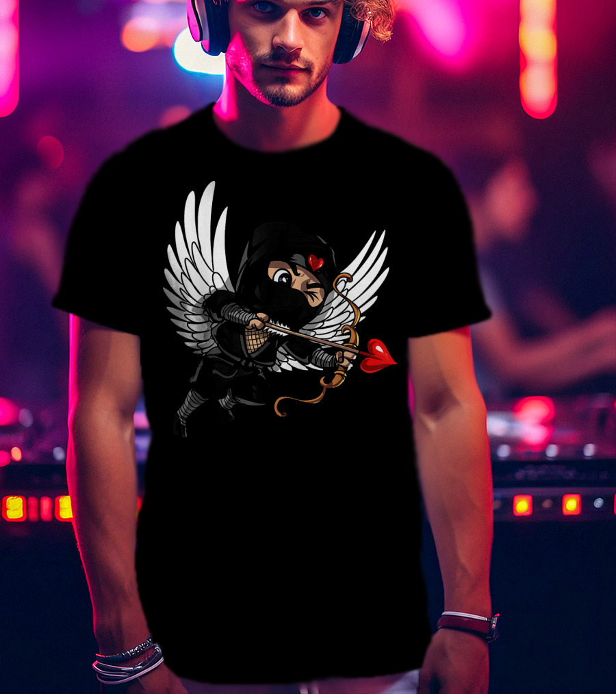 Ninja Cupid Valentine With Bow And Heart Arrow Angel Wings T-Shirt