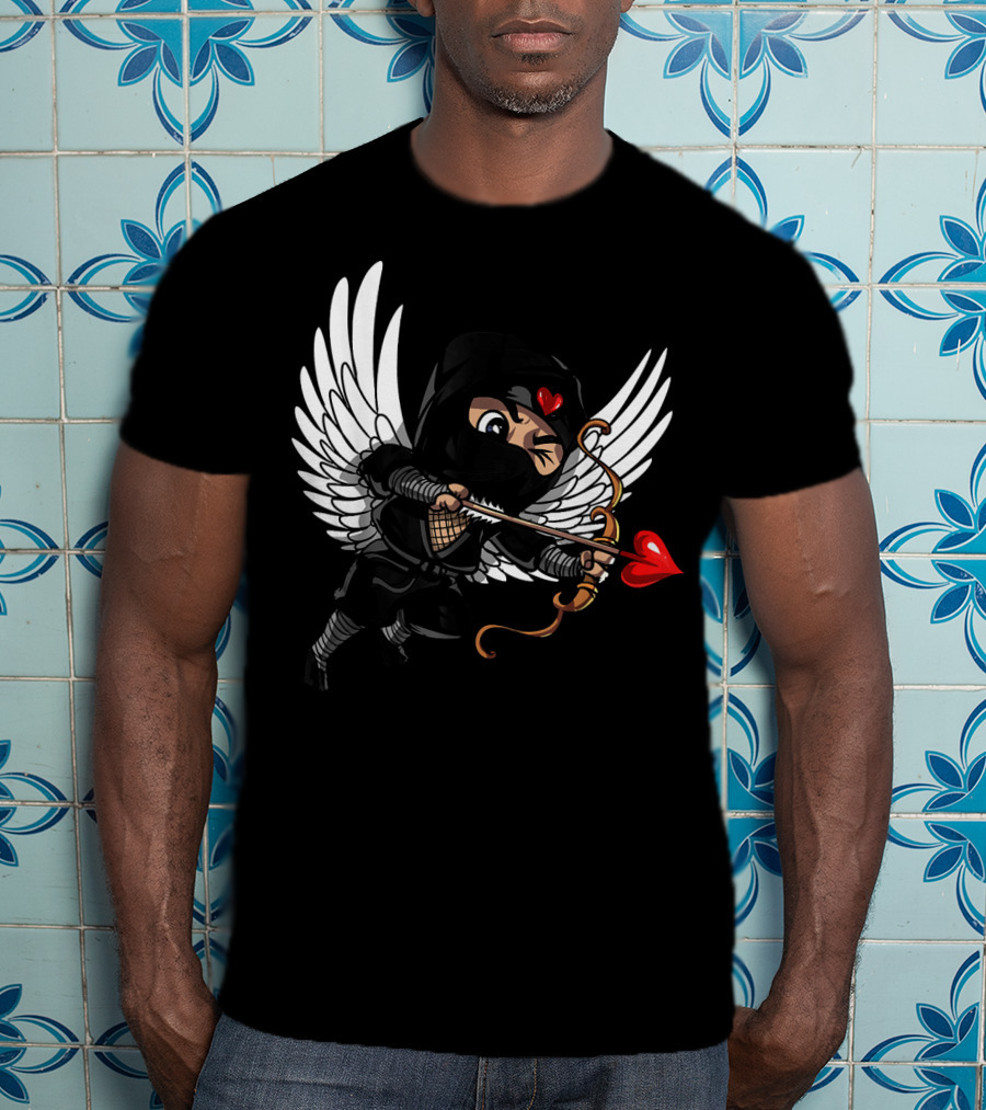Ninja Cupid Valentine With Bow And Heart Arrow Angel Wings T-Shirt