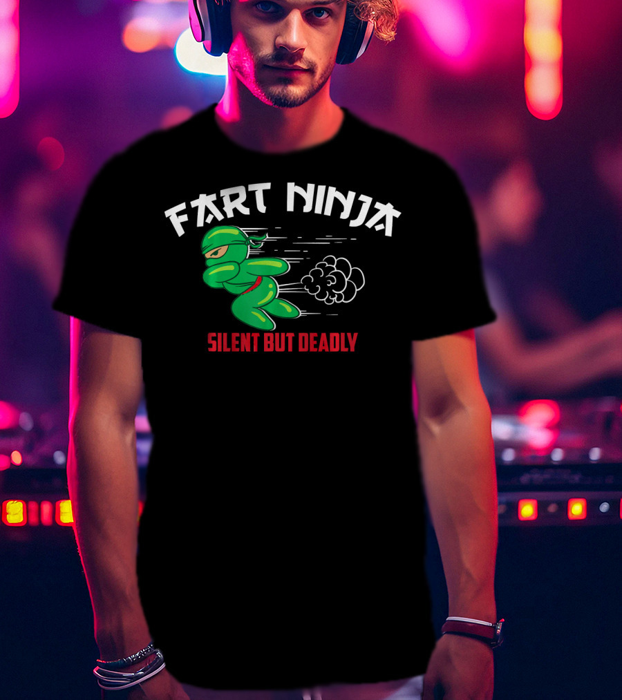 Fart Ninja Silent But Deadly Green Stealthy Figure With Cartoon Gas Cloud T-Shirt