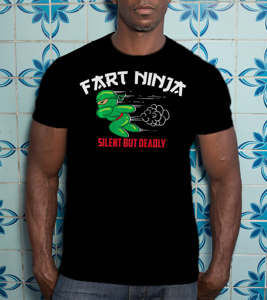 Fart Ninja Silent But Deadly Green Stealthy Figure With Cartoon Gas Cloud T-Shirt