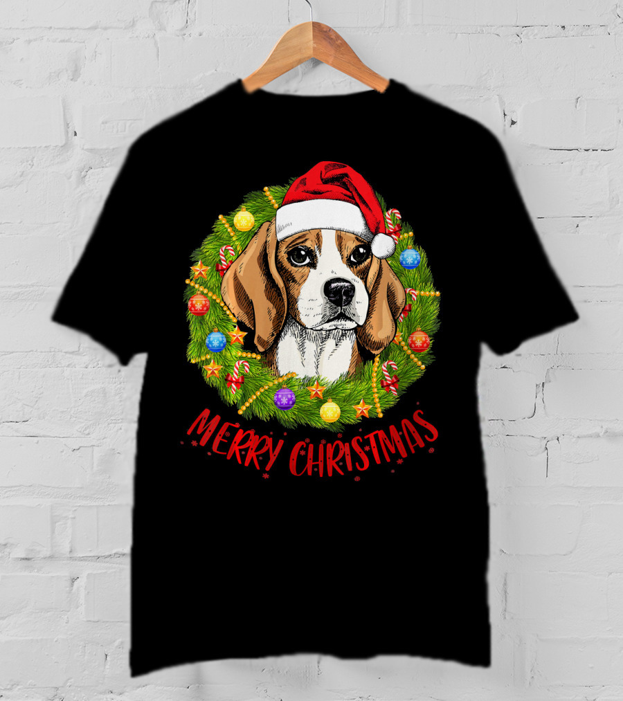 Merry Christmas Beagle Dogs In Santa Hat With Holiday Wreath T-Shirt