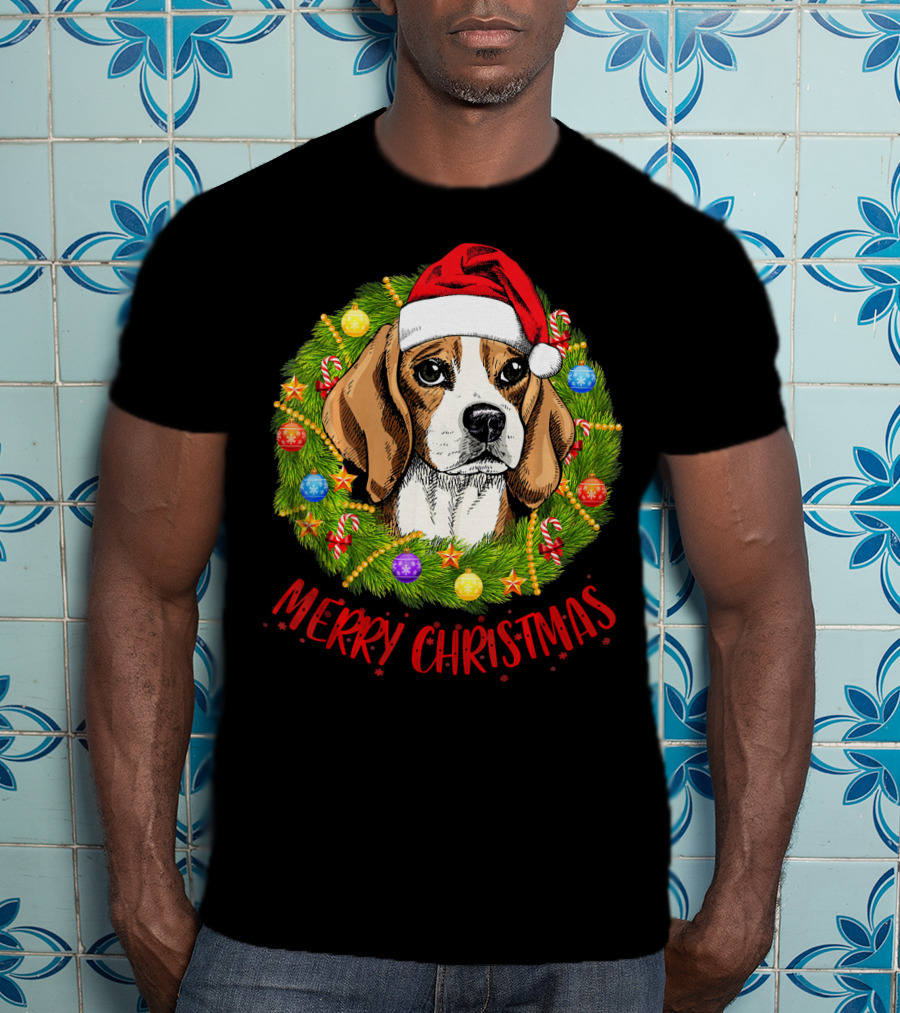 Merry Christmas Beagle Dogs In Santa Hat With Holiday Wreath T-Shirt