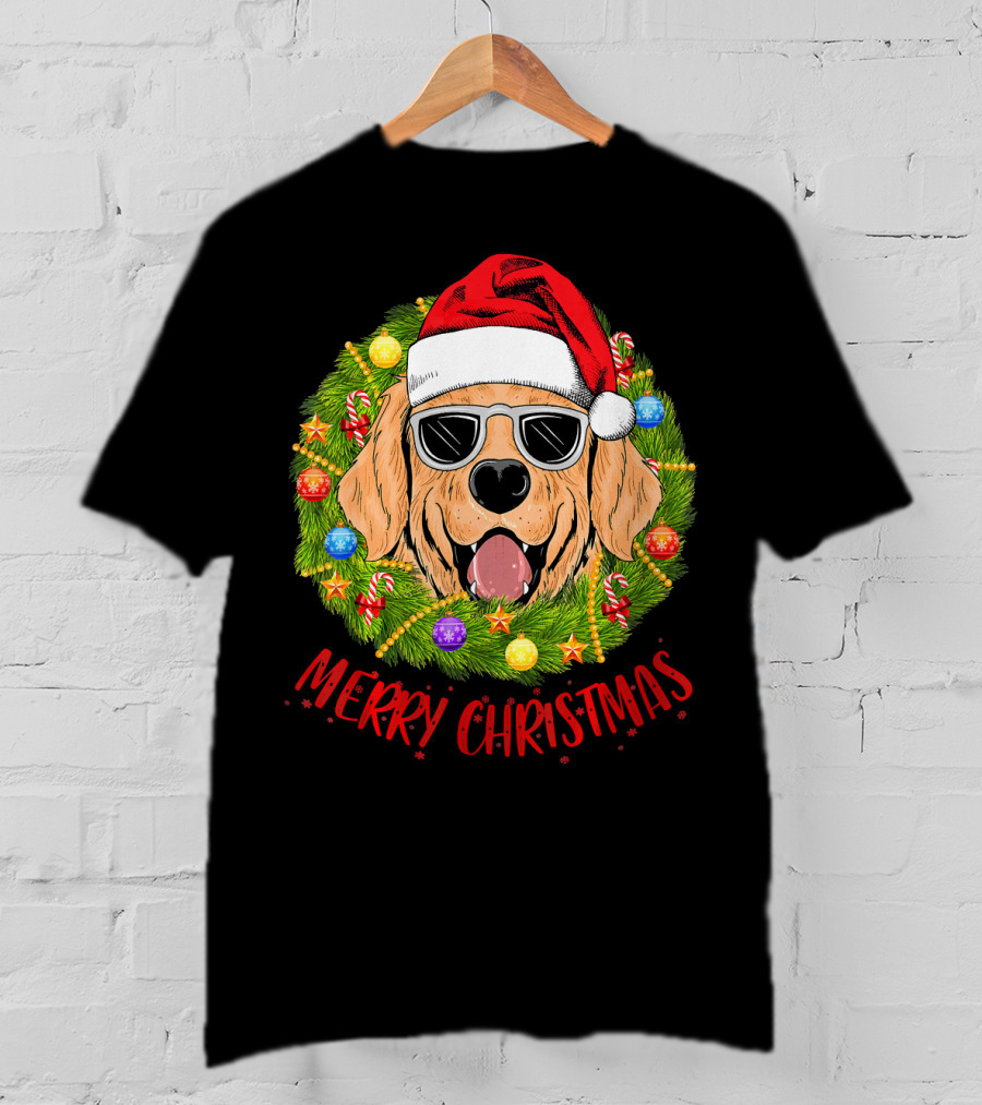 Merry Christmas Golden Retriever Dog Santa Hat Sunglasses Wreath T-Shirt