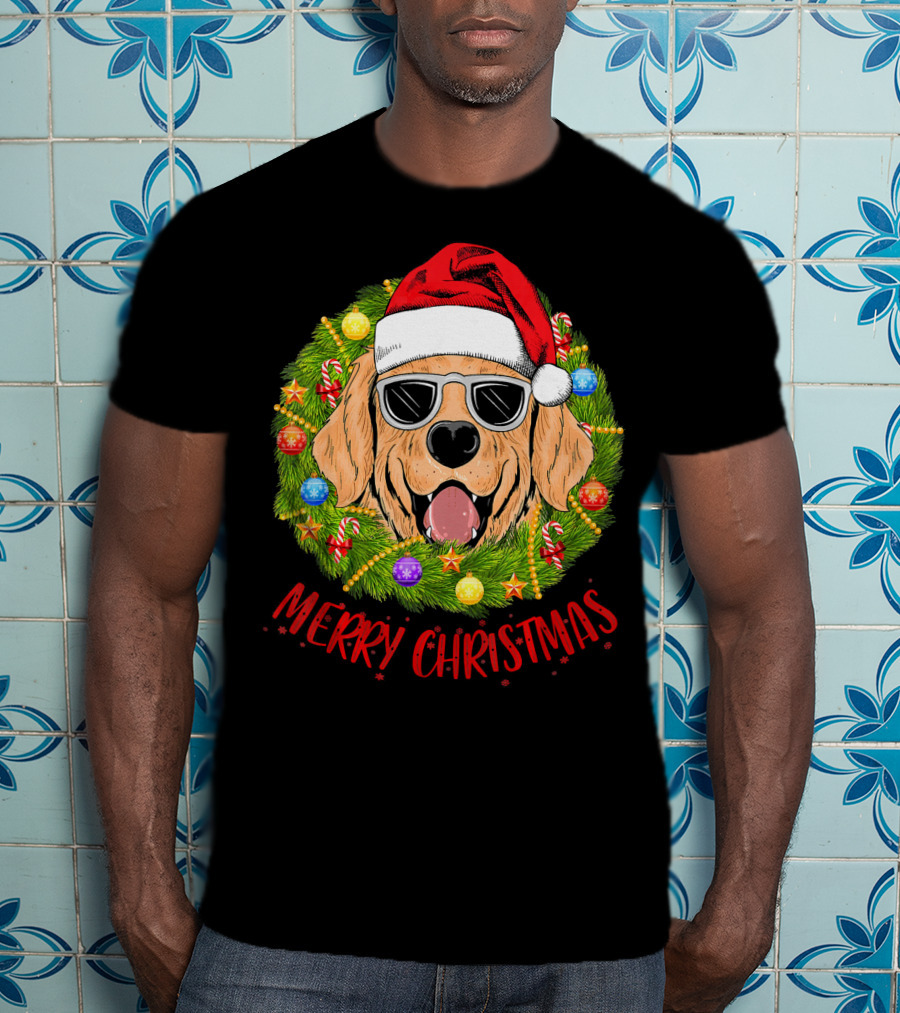 Merry Christmas Golden Retriever Dog Santa Hat Sunglasses Wreath T-Shirt