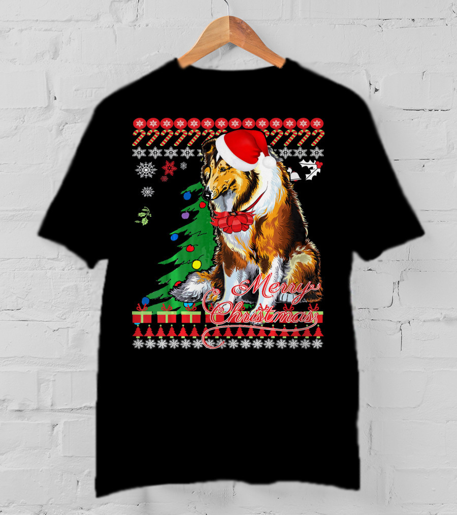 Merry Christmas Rough Collie Santa Hat Snowflakes Gifts Holiday T-Shirt