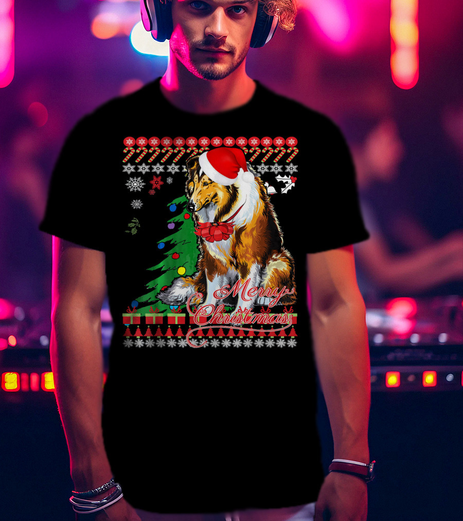 Merry Christmas Rough Collie Santa Hat Snowflakes Gifts Holiday T-Shirt