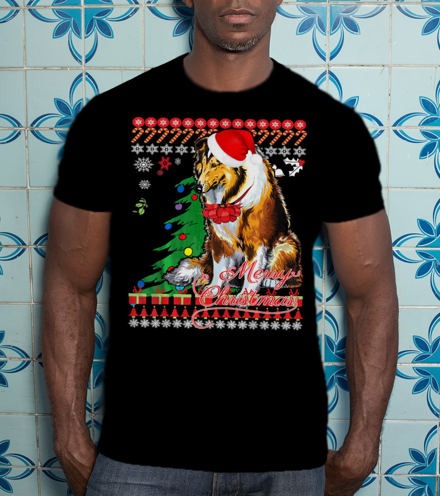 Merry Christmas Rough Collie Santa Hat Snowflakes Gifts Holiday T-Shirt