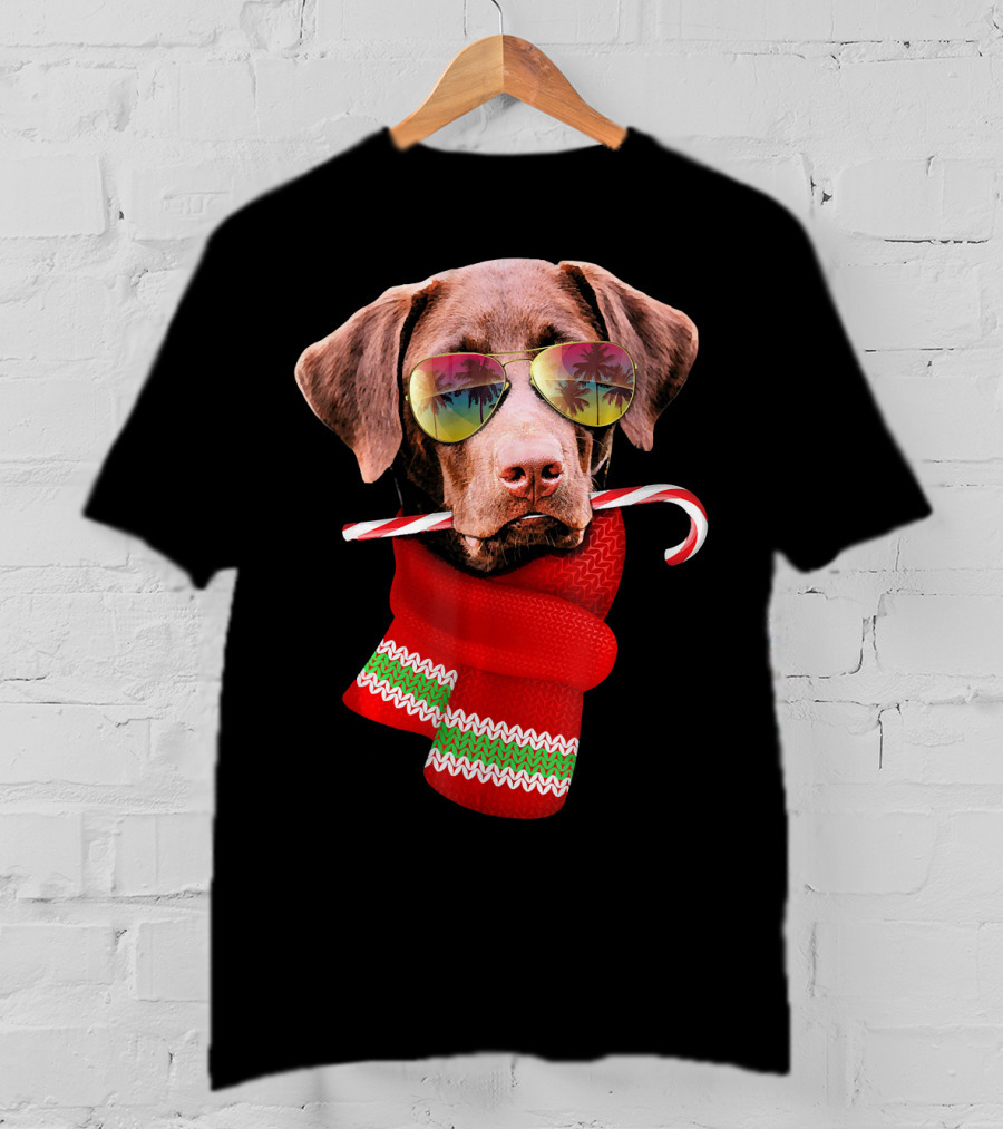Christmas In July Labrador Sunglasses Candy Cane Scarf T-Shirt