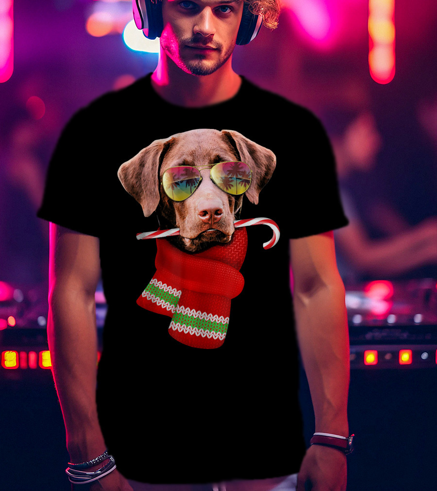 Christmas In July Labrador Sunglasses Candy Cane Scarf T-Shirt
