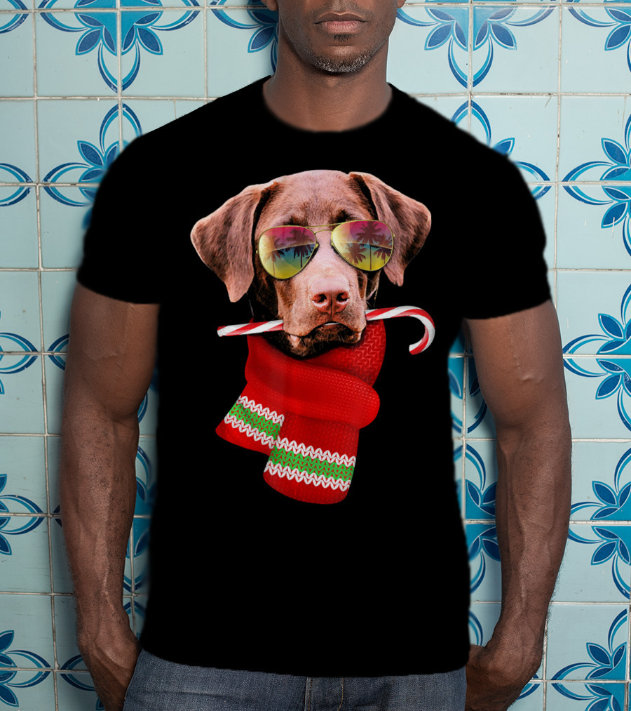 Christmas In July Labrador Sunglasses Candy Cane Scarf T-Shirt