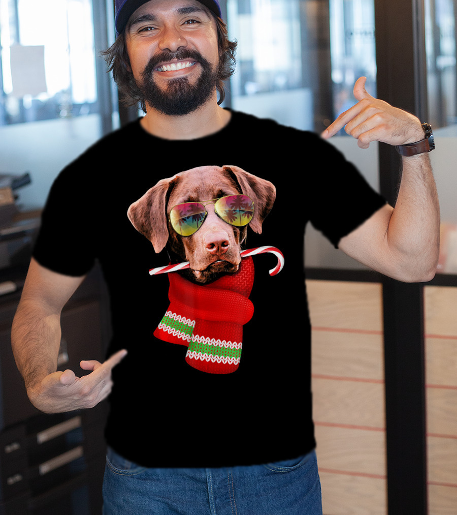 Christmas In July Labrador Sunglasses Candy Cane Scarf T-Shirt