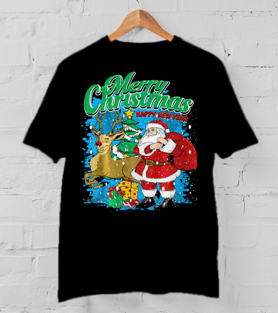 Merry Christmas Happy New Year Santa Claus Reindeer Presents T-Shirt