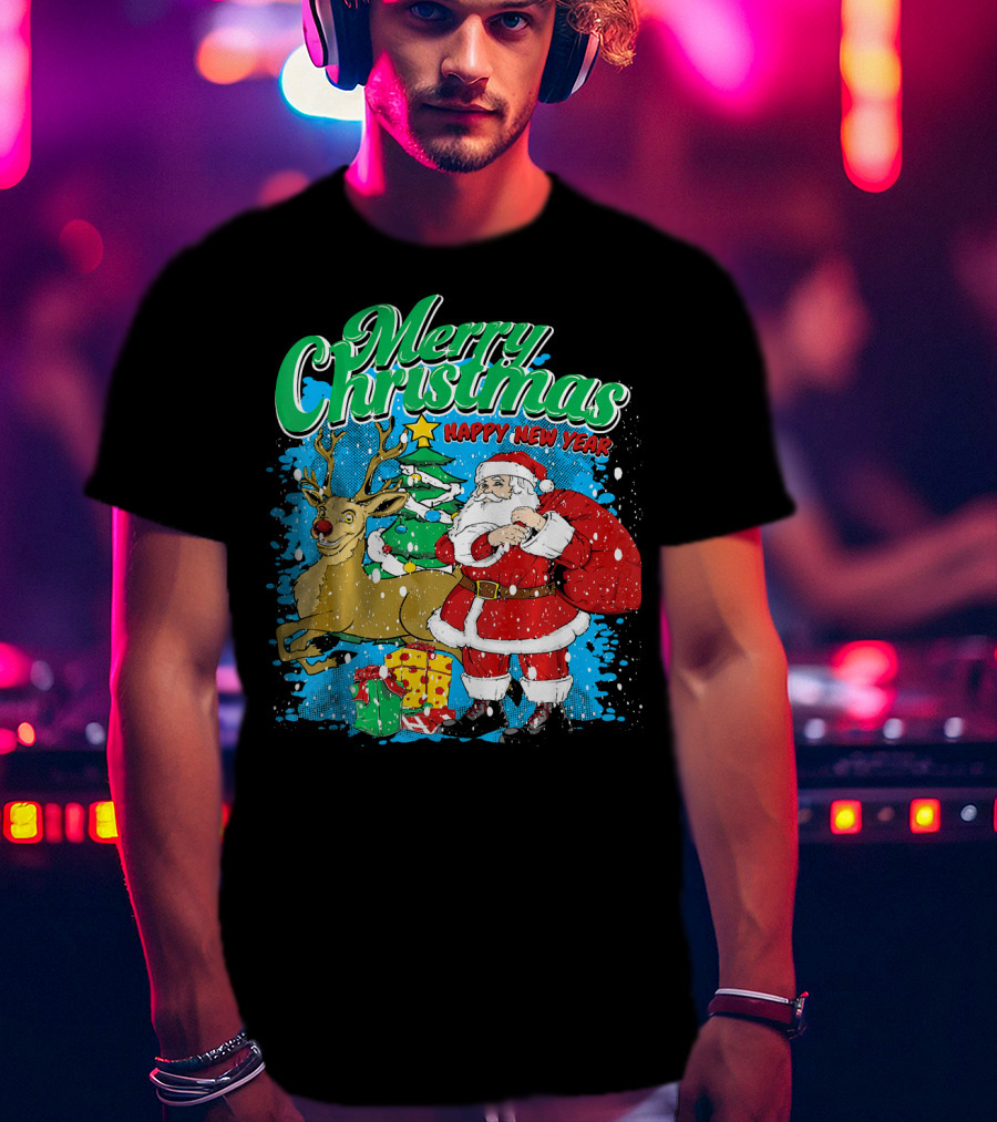 Merry Christmas Happy New Year Santa Claus Reindeer Presents T-Shirt