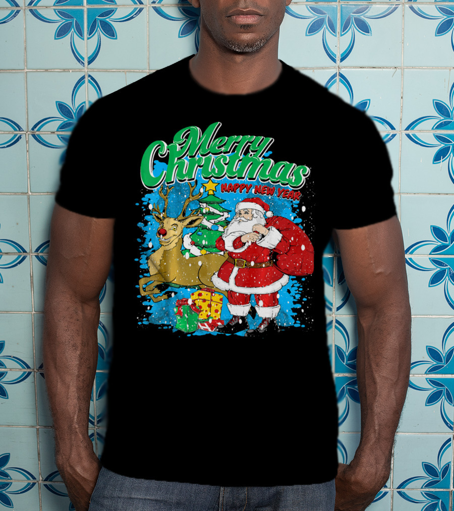 Merry Christmas Happy New Year Santa Claus Reindeer Presents T-Shirt