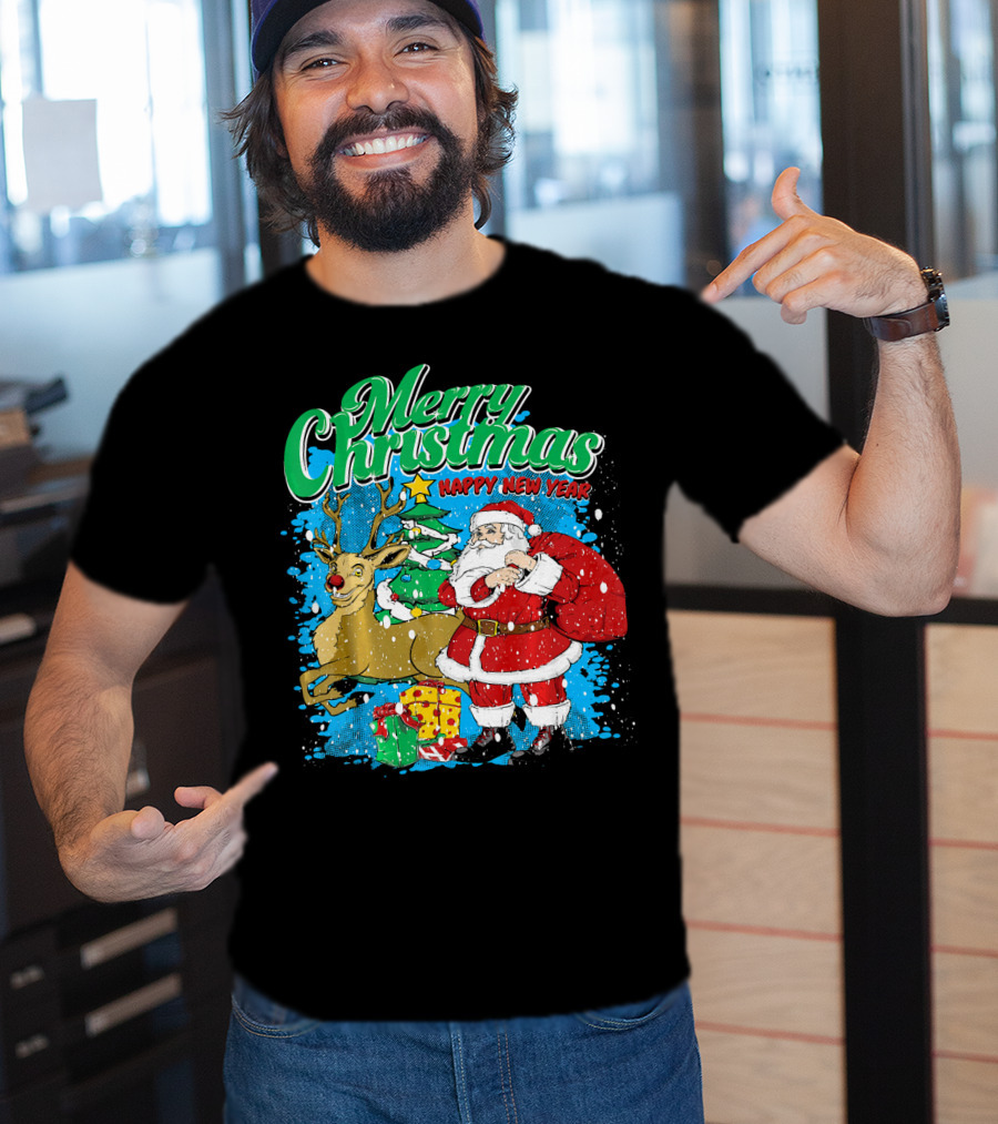 Merry Christmas Happy New Year Santa Claus Reindeer Presents T-Shirt