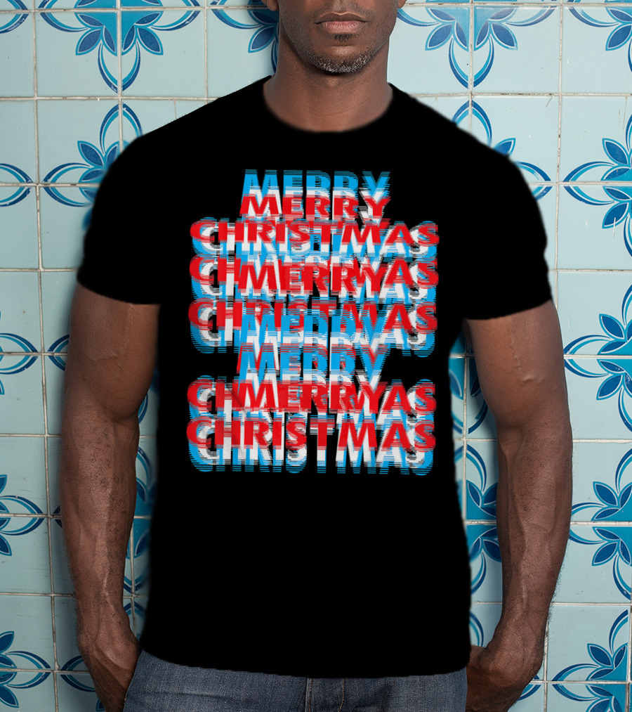 Merry Christmas Blurred Double Layered Text Effect T-Shirt