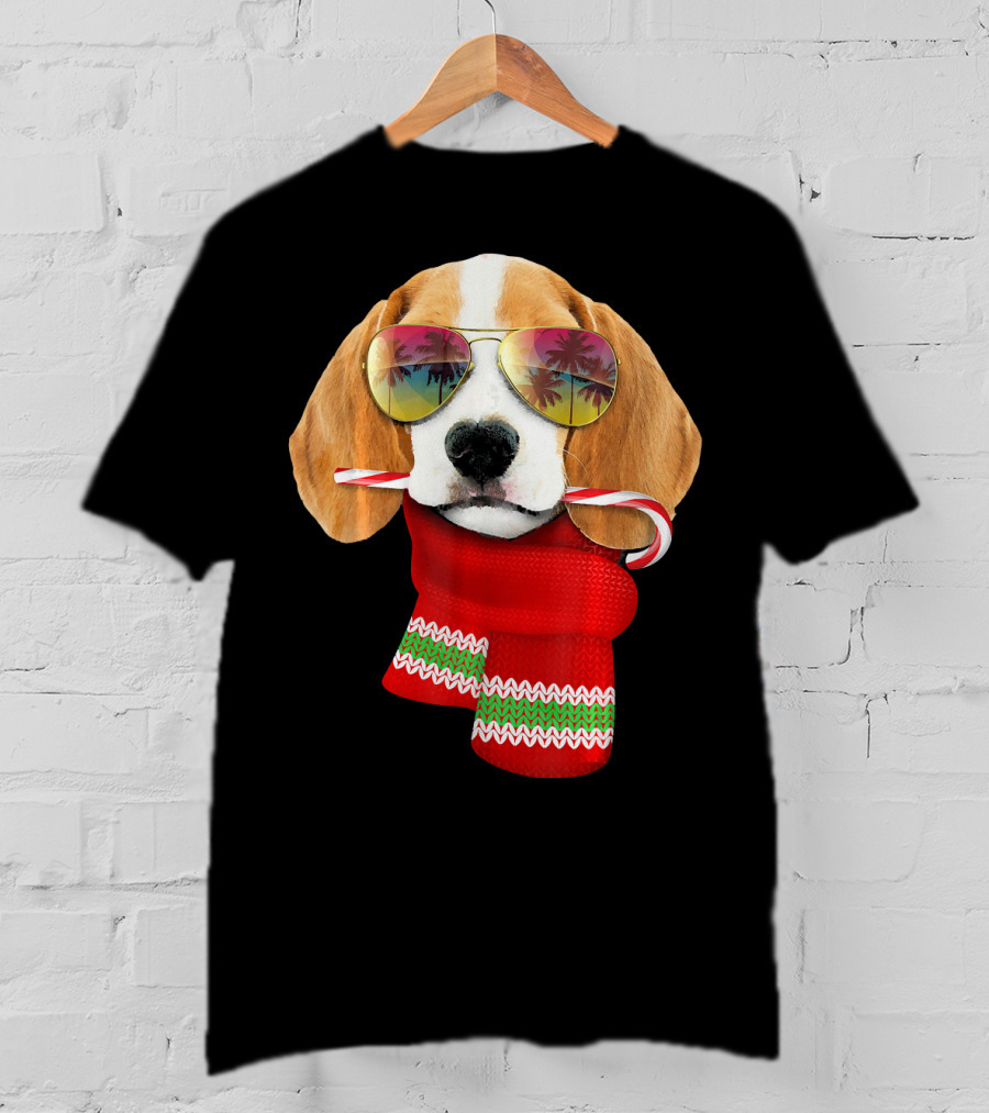 Christmas In July Beagle Sunglasses Candy Cane Scarf T-Shirt